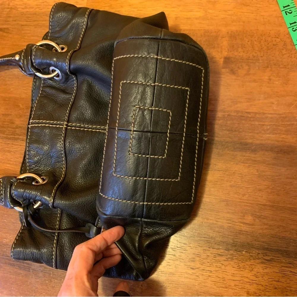 Tignanello Shoulder Bag Black Leather Purse Multi color stripe lining
